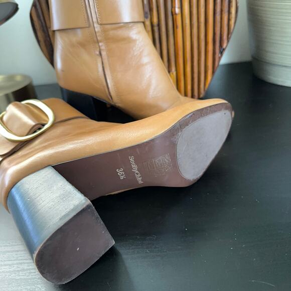 SEE BY CHLOE Hopper Leather Buckle Boots Block Heel Tan Brown Camel - Picture 7 of 9
